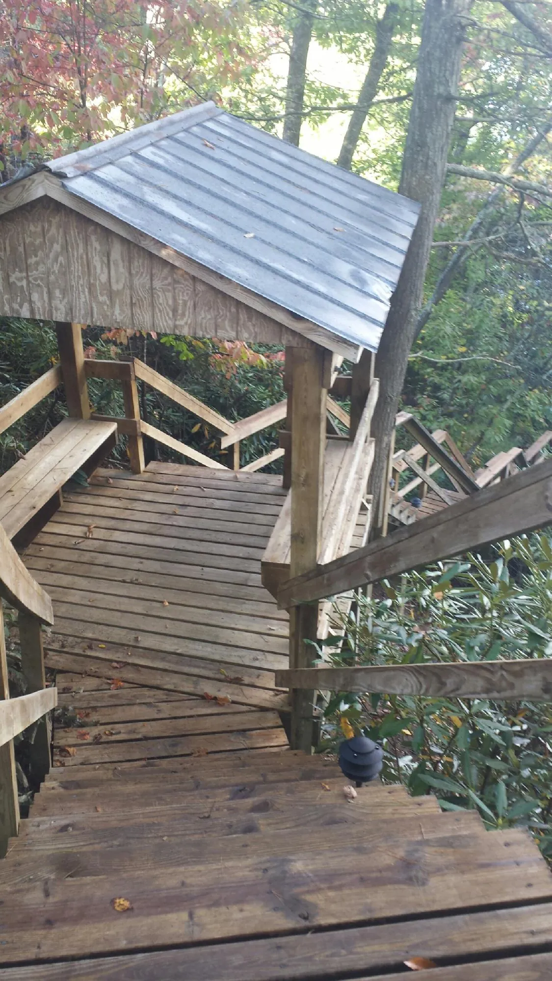 Metal roofed shelter over wooden steps on a wooded walkway — Skylight Repair & Installation work by our crew in Clarkson
